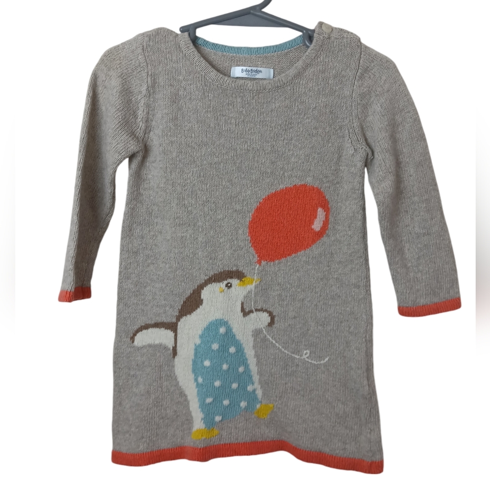 Baby Boden Gray Sweater Dress with Penguin and Red Balloon